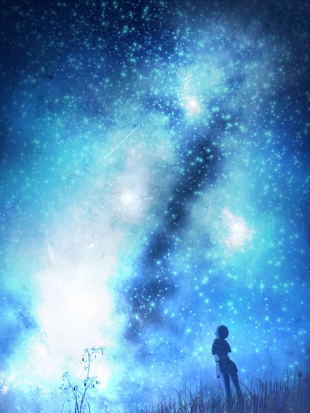 Anime picture 1536x2048 with original usatarosu single tall image short hair standing night night sky space tanabata girl plant (plants) star (stars) grass