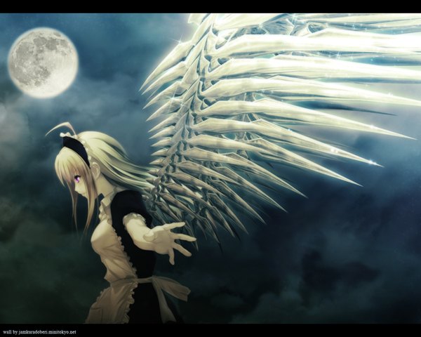 Anime picture 1280x1024 with carnevale della luce della luna anna (carnevale della luce della luna) single fringe blonde hair looking away cloud (clouds) ahoge pink eyes night maid dark background spread arms demon wings white wings girl wings moon apron