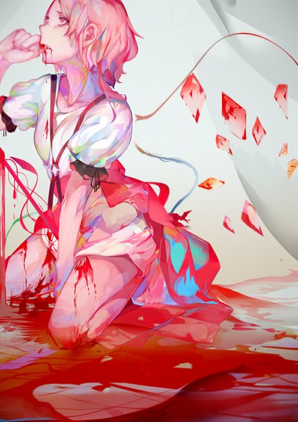 Anime picture 800x1131 with touhou flandre scarlet shisu (binzo3) single tall image short hair light erotic pink hair pink eyes barefoot puffy sleeves kneeling finger to mouth looking up girl dress wings blood crystal