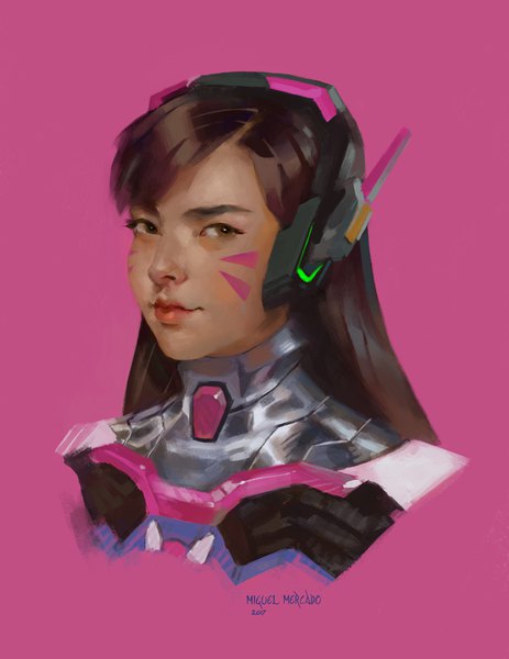 Anime picture 800x1036 with overwatch blizzard entertainment d.va (overwatch) miguel mercado single long hair tall image looking at viewer simple background brown hair brown eyes signed lips realistic lipstick facial mark portrait pink background red lipstick whisker markings