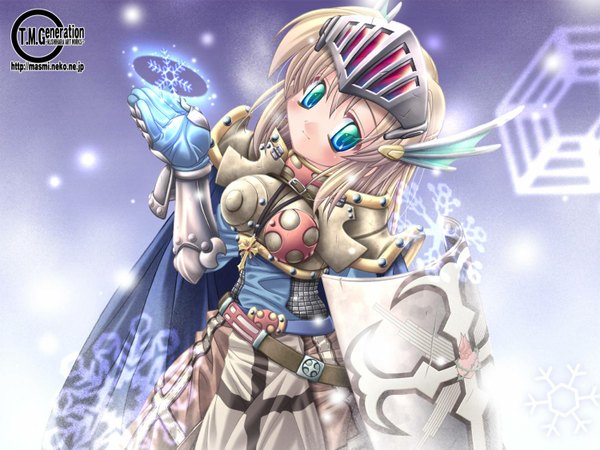 Anime picture 1500x1125 with ragnarok online crusader ishihara masumi blonde hair smile wallpaper winter armor cape snowflake (snowflakes) shield help