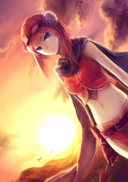 Anime picture 874x1240 with gintama sunrise (studio) kagura (gintama) marn (pixiv) single tall image looking at viewer fringe breasts standing purple eyes holding sky cloud (clouds) red hair midriff evening sunset mountain goggles on head