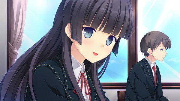 Anime picture 1280x720 with kanojo step kisaragi noe long hair looking at viewer blush open mouth blue eyes black hair wide image game cg girl boy uniform school uniform