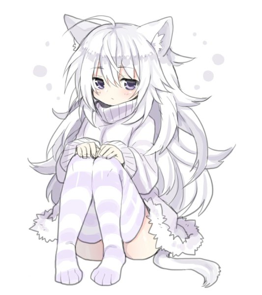 Anime picture 800x900 with original shiro (mofuaki) mofuaki single long hair tall image looking at viewer blush fringe sitting purple eyes animal ears bent knee (knees) white hair tail animal tail cat ears cat tail no shoes girl