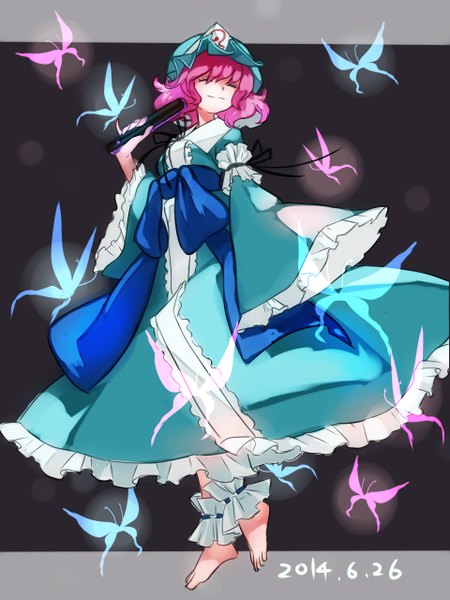 Anime picture 960x1280 with touhou saigyouji yuyuko namauni single tall image fringe short hair smile pink hair eyes closed barefoot girl dress frills insect butterfly bonnet blue dress closed fan