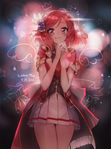 Anime picture 714x958 with love live! school idol project sunrise (studio) love live! nishikino maki mins (minevi) single tall image looking at viewer blush short hair smile purple eyes signed red hair pleated skirt finger to mouth dated fake wings girl skirt