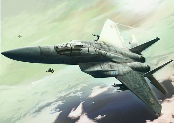 Anime picture 1024x724 with original amisu sky cloud (clouds) flying landscape pilot weapon airplane jet f-15