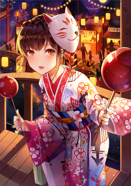 Anime picture 800x1132 with original kim eb single tall image looking at viewer fringe short hair open mouth brown hair traditional clothes japanese clothes night wide sleeves orange eyes leaning leaning forward night sky outstretched arm floral print mask on head