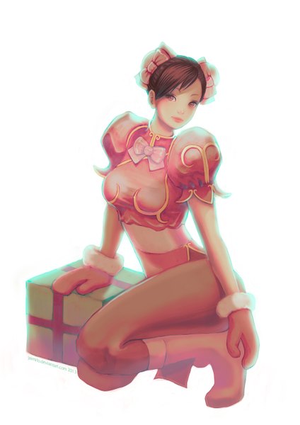 Anime picture 1000x1414 with street fighter capcom chun-li jaimito (artist) single tall image breasts simple background smile white background brown eyes traditional clothes lips hair bun (hair buns) puffy sleeves chinese clothes alternate color girl gloves bow