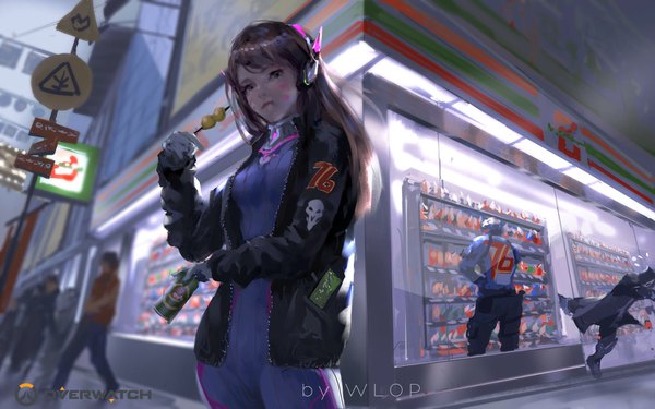 Anime picture 1500x938 with overwatch blizzard entertainment 7-eleven d.va (overwatch) reaper (overwatch) soldier: 76 (overwatch) wlop long hair looking at viewer fringe brown hair brown eyes signed upper body outdoors multiple boys from below depth of field copyright name facial mark