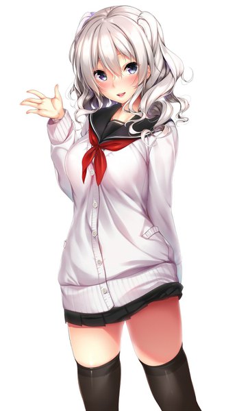 Anime picture 867x1500 with kantai collection kashima training cruiser nironiro single long hair tall image looking at viewer blush fringe breasts open mouth blue eyes simple background smile hair between eyes standing white background twintails silver hair long sleeves