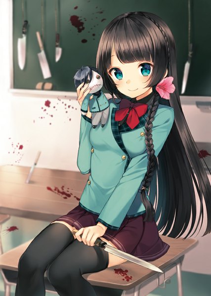 Anime picture 570x800 with original midorikawa you single long hair tall image looking at viewer blush blue eyes black hair smile sitting holding braid (braids) zettai ryouiki single braid classroom blood stains yandere girl thighhighs