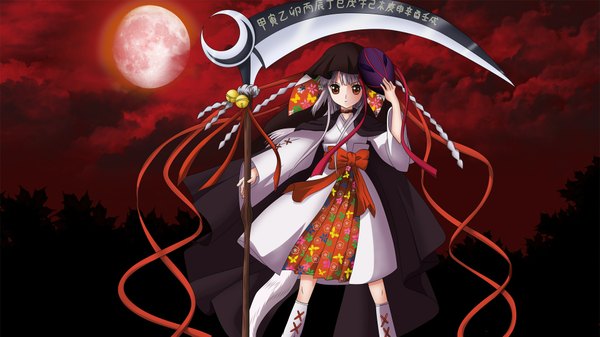 Anime picture 1920x1080 with ookami kakushi tagme (artist) single looking at viewer highres short hair red eyes wide image traditional clothes japanese clothes grey hair wallpaper hieroglyph red background red moon shinigami girl bow ribbon (ribbons) weapon
