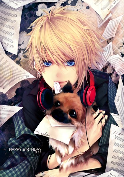 Anime picture 1200x1712 with nico nico singer nico nico douga valshe ln single tall image short hair blue eyes blonde hair piercing mouth hold happy birthday boy animal headphones paper dog letter locket