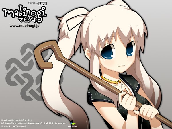 Anime picture 1280x960 with mabinogi nao (mabinogi) imaizumi teruhiko single long hair looking at viewer fringe blue eyes simple background blonde hair twintails holding signed payot upper body inscription grey background copyright name girl pendant