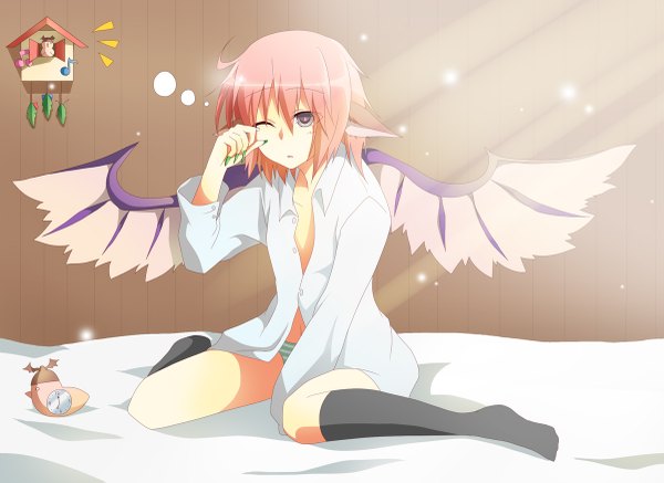 Anime picture 1200x875 with touhou mystia lorelei sousui yasana light erotic pink hair black eyes pantyshot morning girl wings