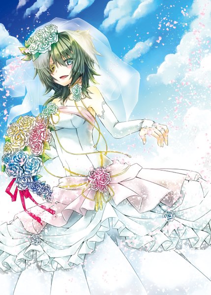 Anime picture 1066x1491 with kantai collection kiso light cruiser yuihira asu (sorairo as) single tall image fringe short hair breasts open mouth smile bare shoulders sky cleavage cloud (clouds) alternate costume wedding girl dress flower (flowers) detached sleeves