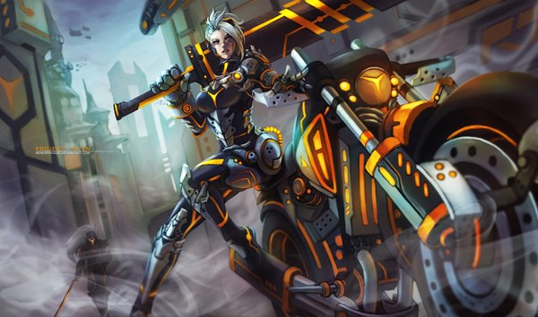 Anime picture 4724x2789 with league of legends riven (league of legends) yasuo (league of legends) monori rogue highres short hair wide image sitting looking away absurdres silver hair bent knee (knees) lips heterochromia girl boy gloves weapon sword armor