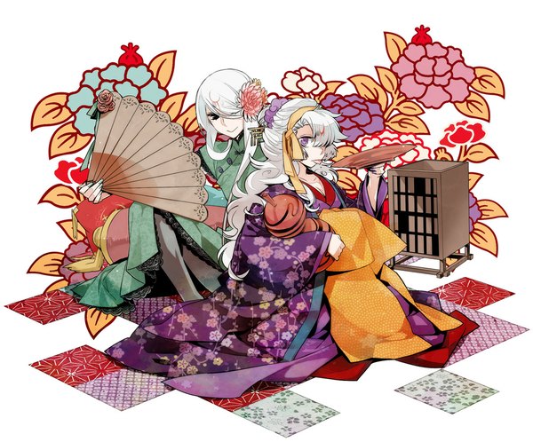 Anime picture 1000x830 with okami nuregami kazugami long hair fringe simple background smile sitting multiple girls silver hair traditional clothes japanese clothes hair flower hair over one eye girl hair ornament flower (flowers) 2 girls tongue fan