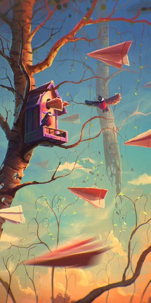Anime picture 1600x3200 with original sylar113 tall image sitting cloud (clouds) flying no people plant (plants) animal wings tree (trees) bird (birds) leaf (leaves) branch paper airplane