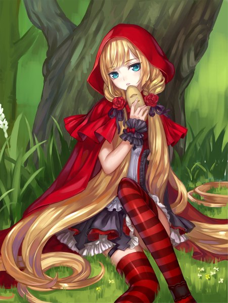 Anime picture 903x1200 with little red riding hood little red riding hood (character) monogo single tall image looking at viewer fringe open mouth blue eyes blonde hair sitting twintails bent knee (knees) very long hair girl thighhighs dress flower (flowers) plant (plants) tree (trees)