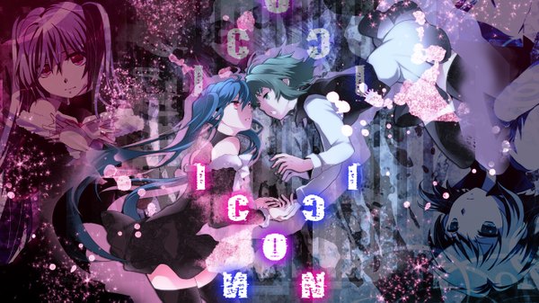Anime picture 1300x731 with vocaloid hatsune miku gumi mariwai (marireroy) long hair short hair red eyes wide image multiple girls green eyes blue hair face to face girl thighhighs dress 2 girls