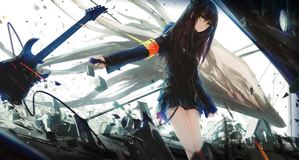 Anime picture 1600x859 with idolmaster idolmaster cinderella girls shibuya rin lowlight kirilenko single long hair looking at viewer fringe brown hair wide image standing yellow eyes pleated skirt outstretched arm destruction girl skirt microphone wire (wires) guitar