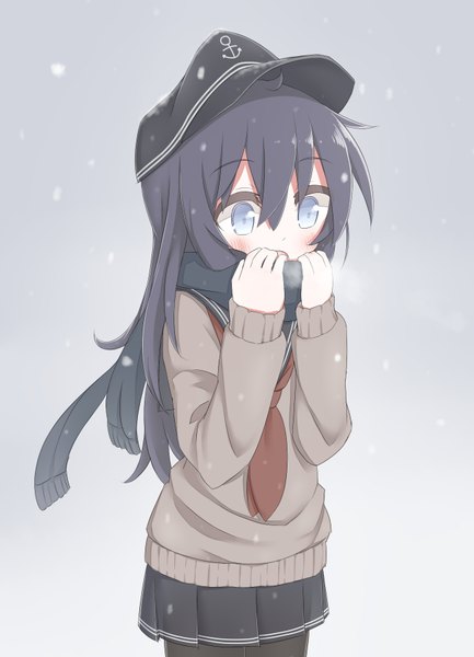 Anime picture 1300x1800 with kantai collection akatsuki destroyer ayanepuna single long hair tall image blush fringe open mouth blue eyes black hair simple background hair between eyes standing holding ahoge pleated skirt looking down snowing exhalation