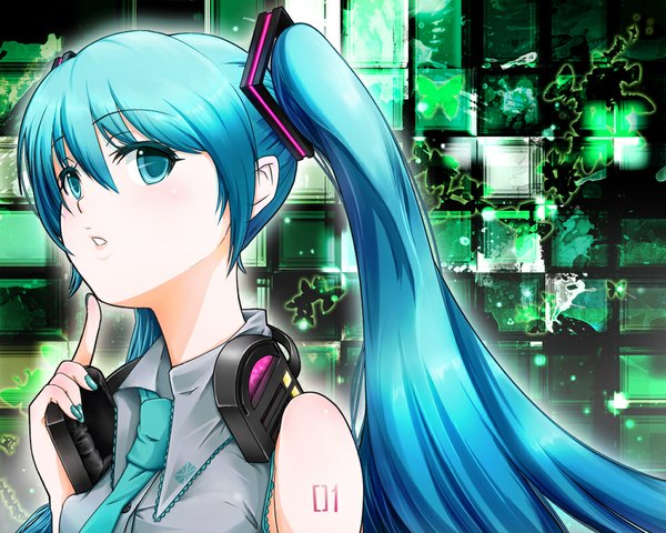 Anime picture 1000x800 with vocaloid hatsune miku u-1 single long hair twintails bare shoulders aqua eyes aqua hair girl necktie headphones