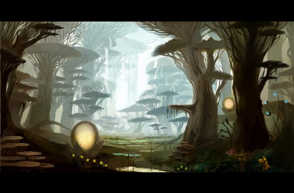 Anime picture 1500x984 with tmt (pixiv) no people fantasy flower (flowers) plant (plants) tree (trees) water forest fireflies mushroom (mushrooms)