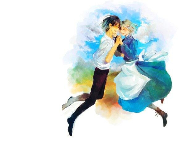 Anime picture 1313x1024 with howl's moving castle studio ghibli howl sophie hatter blush short hair black hair smile sky cloud (clouds) eyes closed grey hair couple hug holding hands happy flying face to face laughing girl