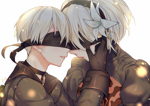 Anime picture 946x669 with nier nier:automata yorha no. 2 type b yorha no. 9 type s aki663 short hair simple background white background signed white hair parted lips profile hair flower couple face to face blindfold girl boy gloves flower (flowers)