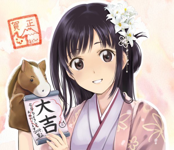 Anime picture 1287x1109 with original taccomm single long hair looking at viewer black hair smile traditional clothes hair flower black eyes new year happy new year 2014 girl hair ornament flower (flowers)