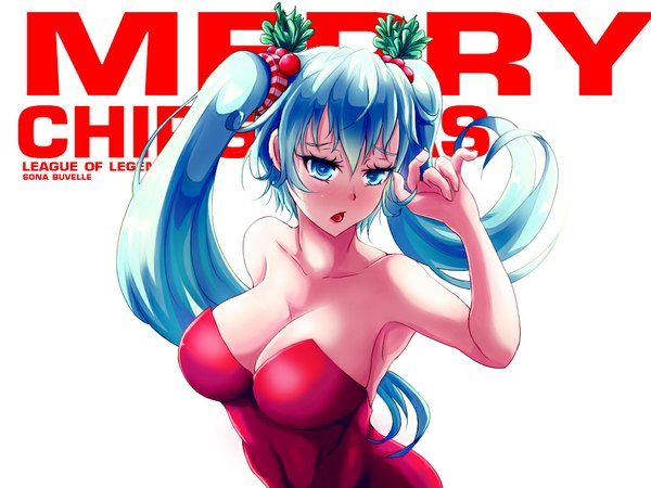 Anime picture 1024x768 with league of legends sona buvelle nak single long hair blush breasts open mouth blue eyes light erotic simple background large breasts white background twintails bare shoulders blue hair inscription sleeveless christmas merry christmas