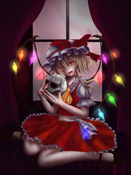 Anime picture 1000x1333 with touhou flandre scarlet spread96 tall image looking at viewer short hair blonde hair red eyes girl dress wings window blood bonnet skull crystal