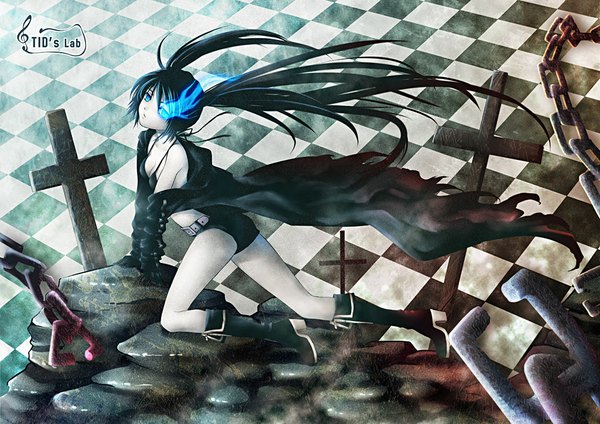 Anime picture 1024x724 with black rock shooter black rock shooter (character) tidsean single long hair blue eyes black hair twintails signed wind glowing glowing eye (eyes) checkered floor girl shorts boots chain cloak cross bikini top