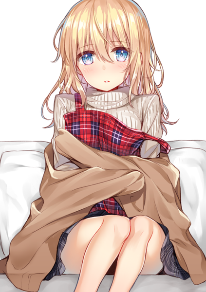 Anime picture 595x842 with original hakuishi aoi single long hair tall image looking at viewer blush fringe open mouth blue eyes simple background blonde hair hair between eyes white background sitting bare legs plaid cold girl skirt