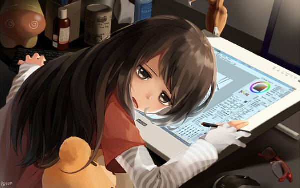 Anime picture 1280x800 with original bison cangshu single long hair looking at viewer fringe open mouth brown hair wide image brown eyes signed long sleeves girl gloves glasses fingerless gloves bottle single glove teddy bear partly fingerless gloves