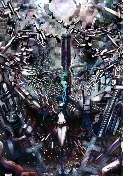 Anime picture 2553x3637 with black rock shooter black rock shooter (character) shino (eefy) single long hair tall image highres blue eyes black hair twintails scan midriff glowing flat chest scar glowing eye (eyes) arm cannon girl navel jacket