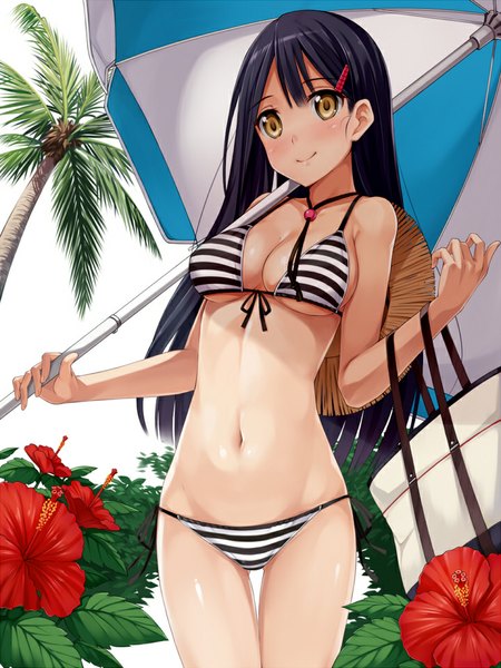 Anime picture 720x960 with hisho collection yokaze japan single long hair tall image looking at viewer blush breasts light erotic black hair smile large breasts standing bare shoulders holding brown eyes bare belly bare legs groin hat removed