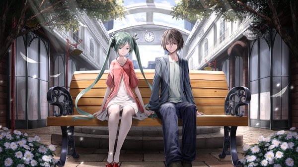 Anime picture 1778x1000 with vocaloid hatsune miku ryosios highres short hair black hair wide image sitting twintails brown eyes looking away very long hair aqua eyes aqua hair couple girl dress boy flower (flowers) plant (plants)