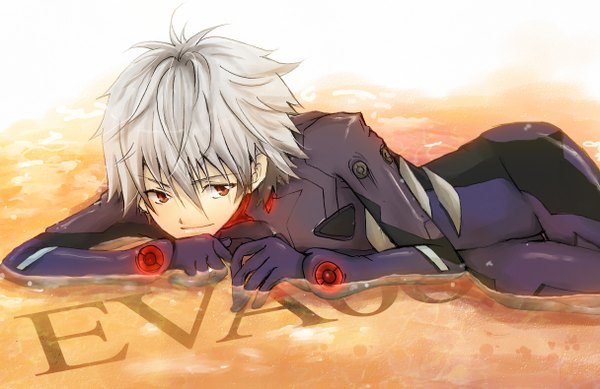 Anime picture 1216x790 with neon genesis evangelion rebuild of evangelion evangelion: 2.0 you can (not) advance gainax nagisa kaworu nagisa-a single short hair red eyes red hair lying light smile grey hair boy water pilot suit