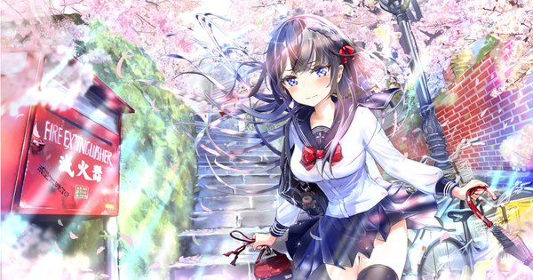 Anime picture 1500x788 with original keepout single long hair looking at viewer blush black hair wide image purple eyes outdoors wind zettai ryouiki cherry blossoms closed umbrella girl thighhighs skirt uniform black thighhighs miniskirt