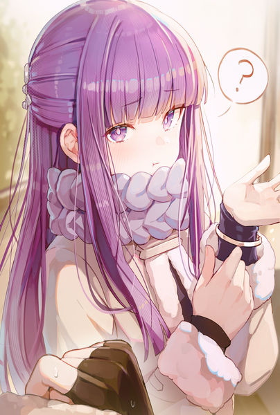 Anime picture 3000x4454 with sousou no frieren fern (sousou no frieren) misyune long hair tall image looking at viewer fringe highres purple eyes purple hair upper body blunt bangs solo focus half updo :t ? girl scarf speech bubble