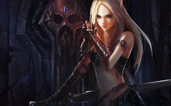 Anime picture 1200x744 with world of warcraft blizzard entertainment chenbo single long hair blonde hair wide image pointy ears realistic elf girl gloves navel weapon sword bracelet belt armor
