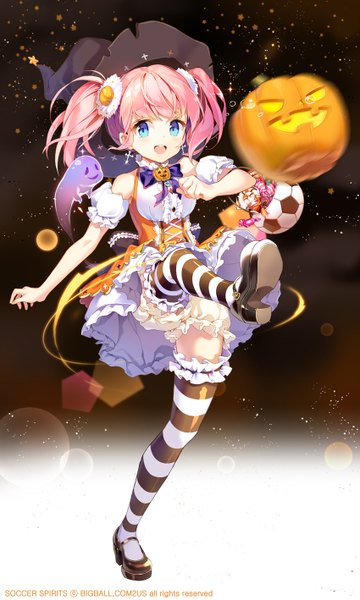 Anime picture 850x1418 with original gilse single long hair tall image open mouth blue eyes twintails pink hair blurry halloween witch girl thighhighs dress hair ornament hat frills witch hat striped thighhighs