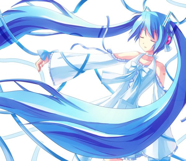 Anime picture 1024x887 with vocaloid hatsune miku 6u (eternal land) single long hair simple background white background twintails blue hair eyes closed girl dress ribbon (ribbons) detached sleeves