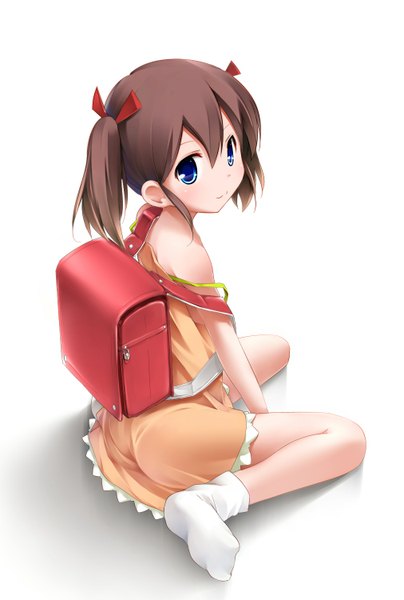 Anime picture 1012x1500 with original moegi nenene single tall image looking at viewer blue eyes simple background brown hair white background twintails bare shoulders off shoulder loli short twintails girl socks white socks bag backpack randoseru