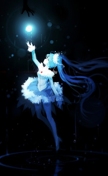 Anime picture 650x1050 with vocaloid hatsune miku qys3 single tall image fringe blue eyes twintails blue hair bent knee (knees) very long hair profile arm up alternate costume outstretched arm black background reflection girl dress shoes