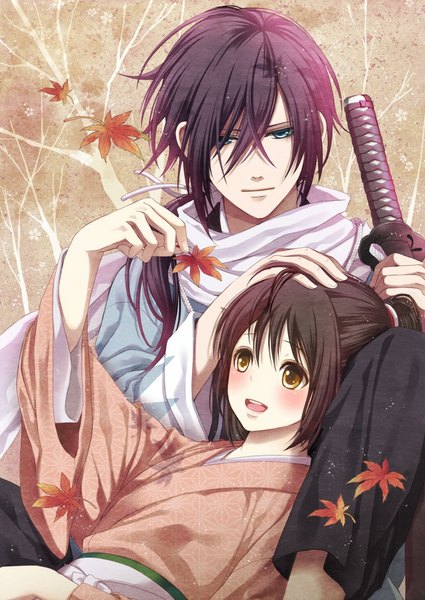 Anime picture 800x1129 with hakuouki shinsengumi kitan studio deen saito hajime chizuru yukimura uzuro yuna long hair tall image blush fringe open mouth blue eyes brown hair sitting holding brown eyes purple hair ponytail lying traditional clothes japanese clothes